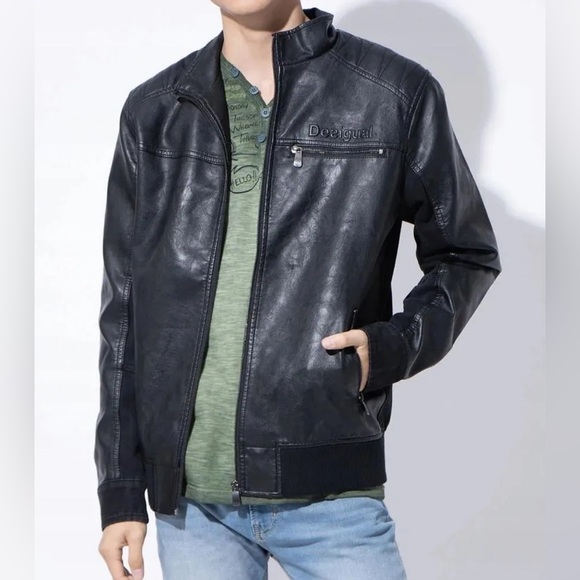 NWT - Desigual Men’s Zip Up Biker Jacket - Vegan Leather+Denim - Size L & XL - Picture 2 of 12